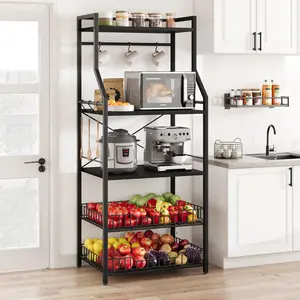 GARVEEKitchen Bakers Rack and Microwave Stand with 5-Tier Storage Shelves, 2 Large Wire Baskets, 8 Hooks, Industrial Coffee Bar Station Design, Adjustable Feet, Anti-Tip Kit, Available in Multiple Colors
