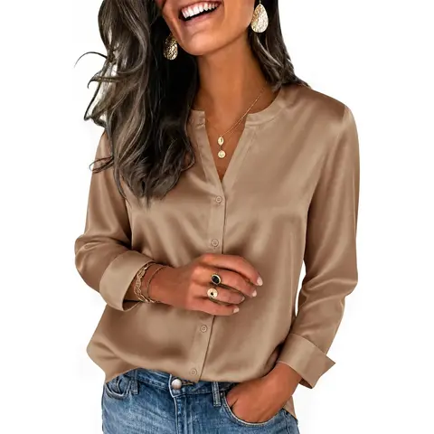 YOUSIFY Women's Fitted Satin Blouse - Elegant V-Neck Long Sleeve Button Front Top with Lace Accent, Breathable Lightweight Polyester, Machine Washable Plain, Corporate Office Wear, Going Out Brunch Fit Coffee Date Outfit, Valentine's Day Pick