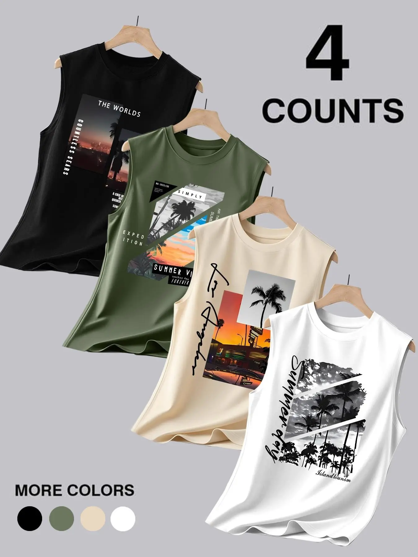 4-Piece Men's Summer Sleeveless Workout Vest, Casual Letter & Coconut Tree Print Fitted Top, Sleeveless Gym Tops, Outdoor Sports Wear
