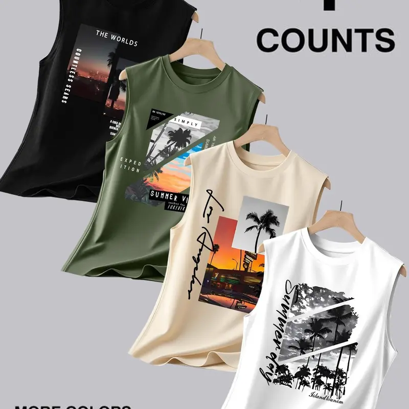 4-Piece Men's Summer Sleeveless Workout Vest, Casual Letter & Coconut Tree Print Fitted Top, Sleeveless Gym Tops, Fitness Exercise Wear, Outdoor Sports Wear, Sleeveless Sports Vests