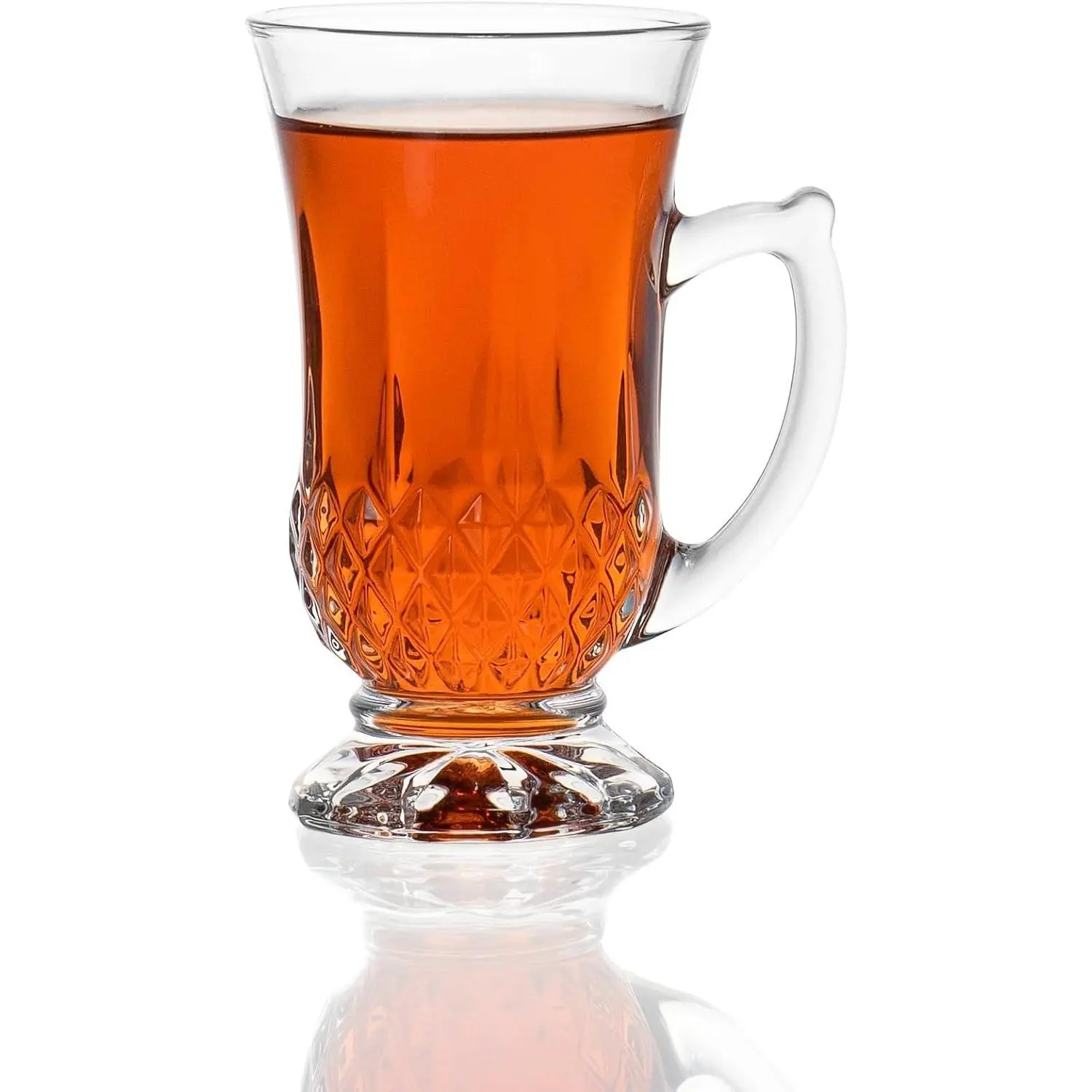 6-Pack Classic Clear Cut Etched Glass 4.5 Oz Footed Turkish Tea Cups with Handles