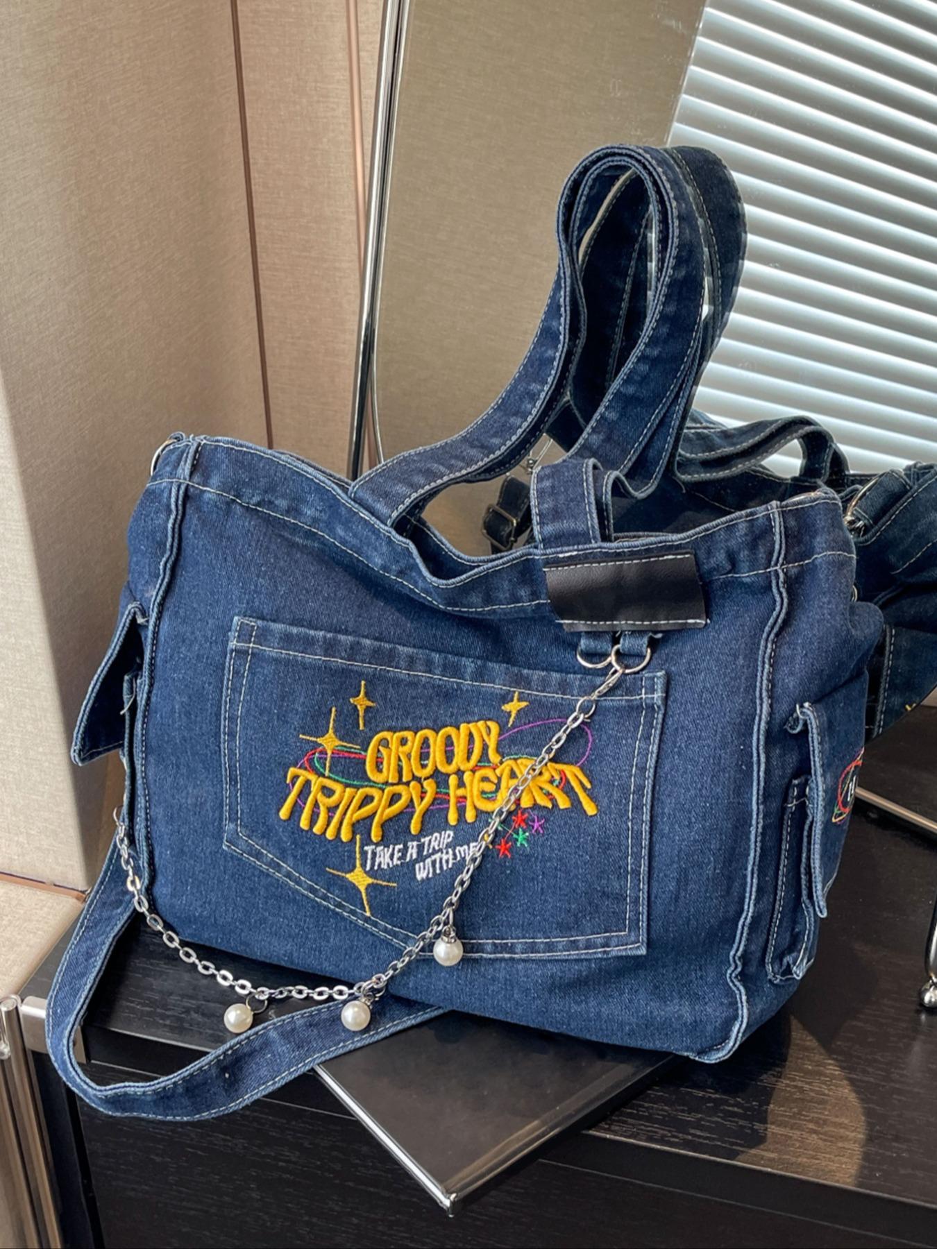 College student tote bag for girls large capacity denim trend new style one-shoulder crossbody handbag niche design backpack, college, outdoor, sports, travel, outing, shopping, vacation, vacation, fashion niche design, women bag