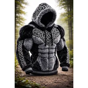 Men’s Muscle Graphic Hoodie – Viking Print Warm Streetwear Sweatshirt FlannelStreet Style Muscle Line Art Warm Fuzzy Hooded Sweatshirts 2D Print