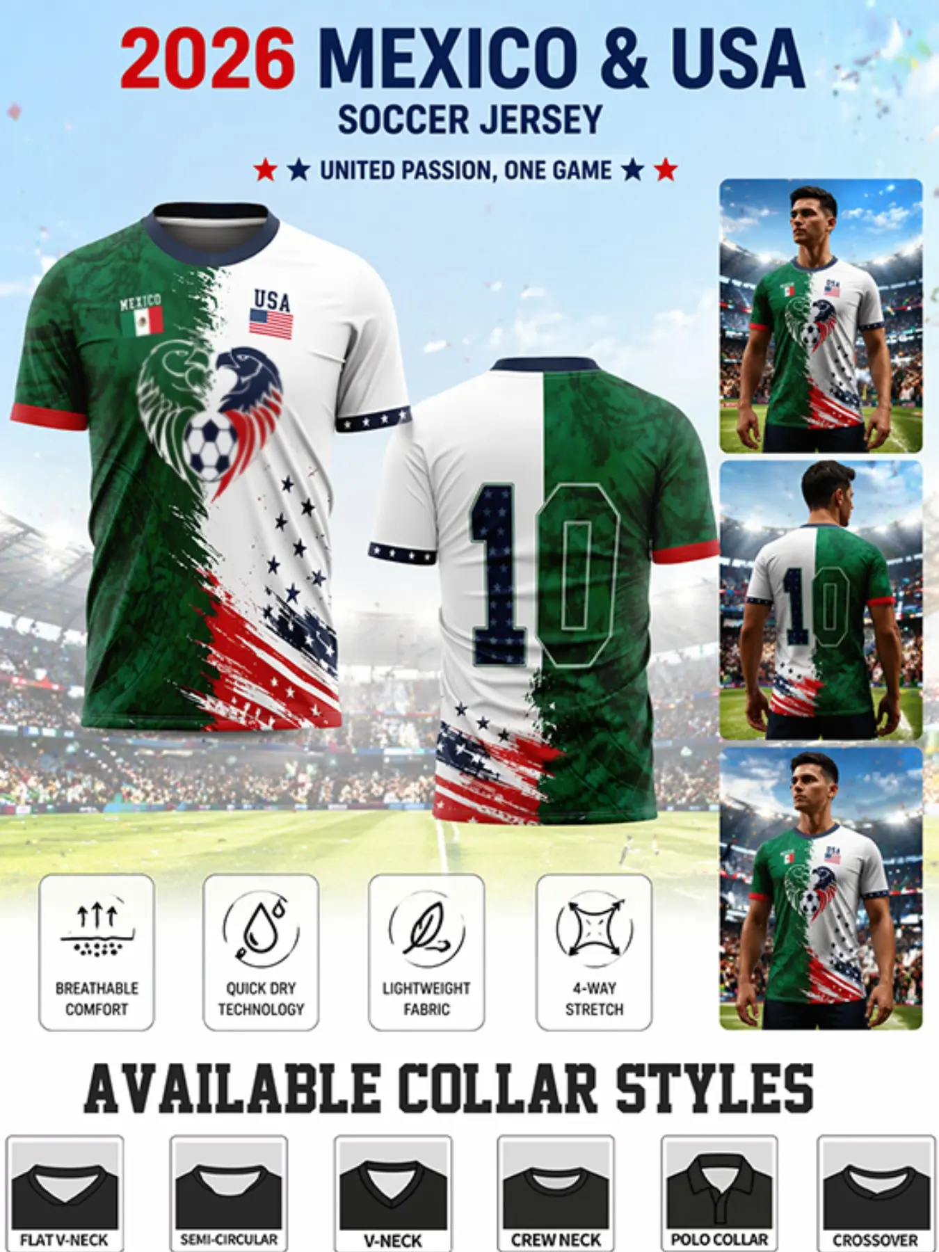 2026 Usmnt Soccer Jersey, Quick-Dry Breathable Lightweight Fabric, Multiple Neck Styles, Comfortable for Daily Wear, Slim-Fit Casual T-Shirt