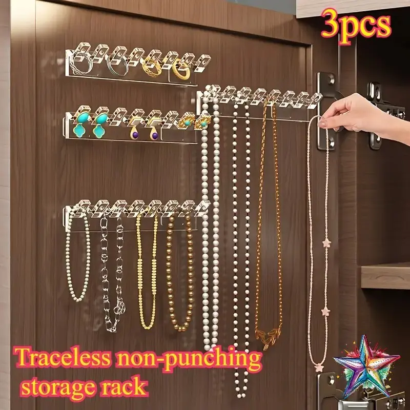 3pcs Anti-Tangle Jewelry Organizer Hooks, Wall-Mounted Display Rack, Necklace Bracelet Earring Holder, Bathroom Bedroom Decor, Multi-Functional Home Decor