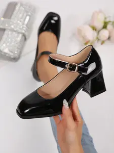 Round Toe PU Leather Mary Jane Shoes, Chic Shoes, Buckle Design, Glossy Finish, Mid Heel, Anti-Slip Sole, Vintage Style, Pair with Jk Skirt or Jeans