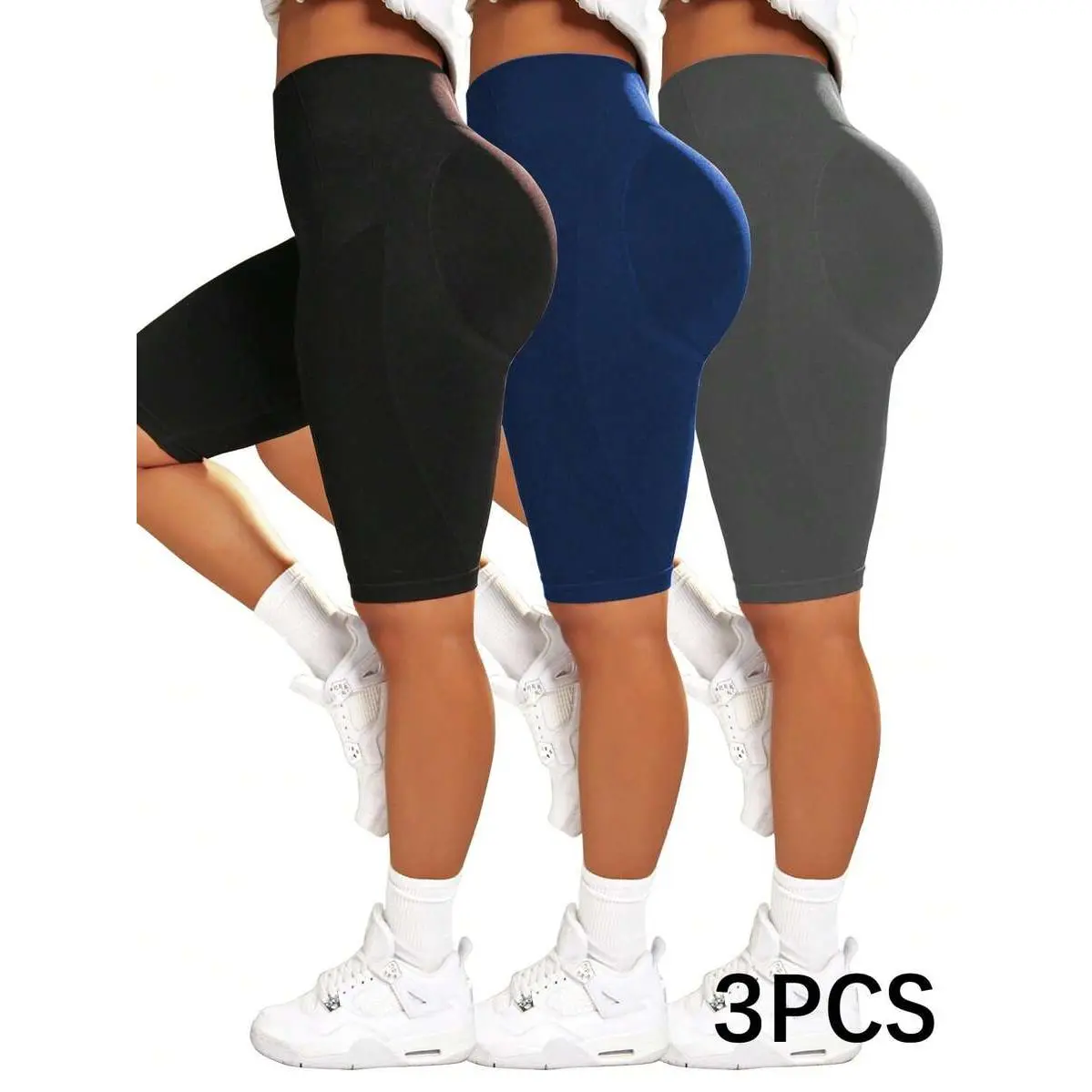 3pcs Seamless Plus Size Women Solid Color Tummy Control Shorts, Spandex Shorts, Elastic Shorts, Cycling Shorts, Gym Shorts,back,pocket,,,2-in-1,yoga,footy,huipil