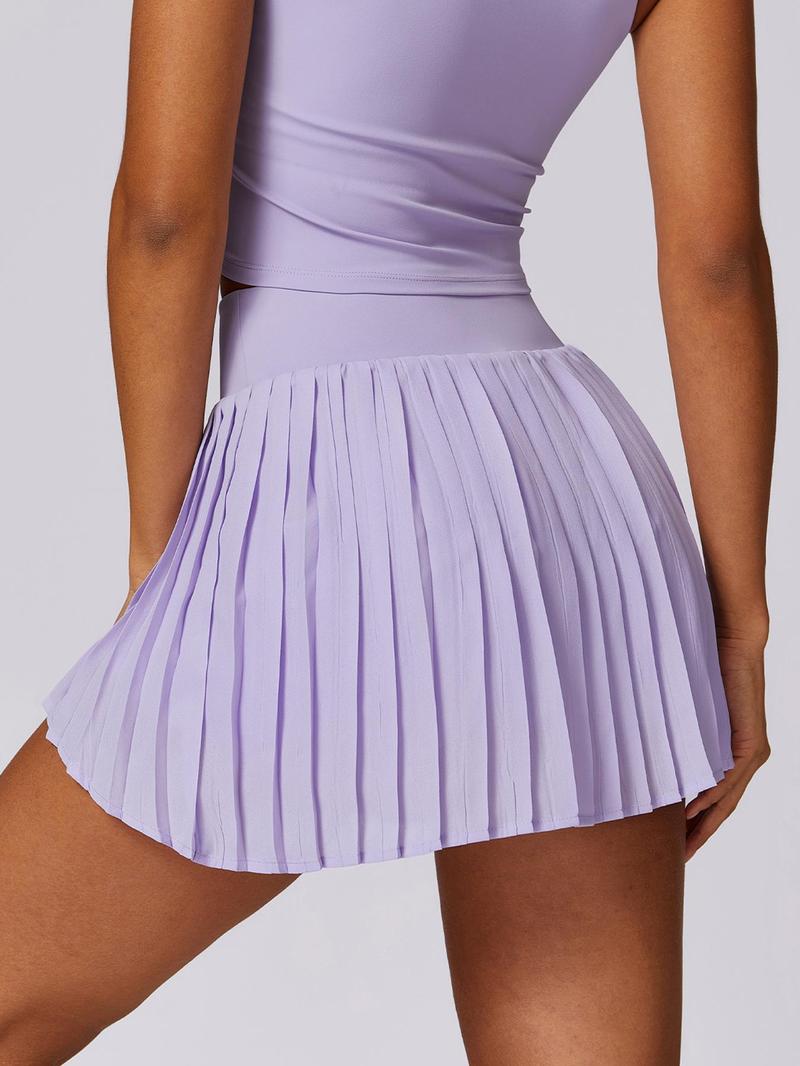 Women's 2 in 1 Pleated Pocket Sports Skort, Solid Color High Stretch Skirt for Tennis Gym Workout, Ladies Sportswear, Golf Attire, Activewear