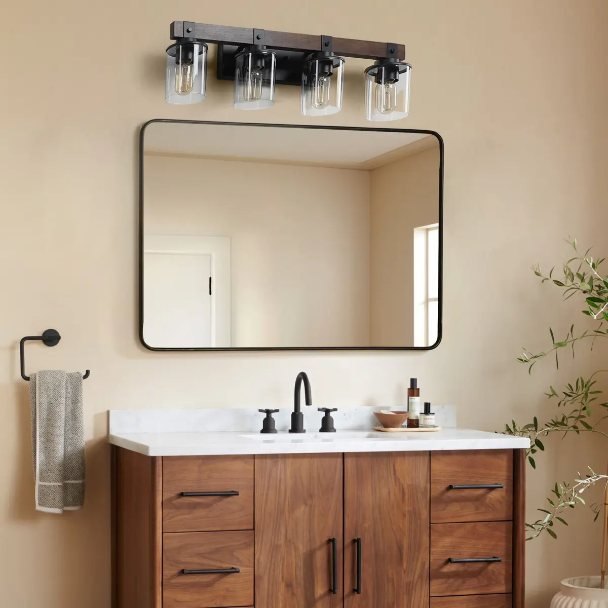 Farmhouse Vanity Light Fixture, 4-Light Bathroom Wall Sconce with Black Frame and Walnut Accents, Featuring Clear Glass Shades for Bathrooms, Washrooms, Kitchens, and Diningrooms (No Bulbs)
