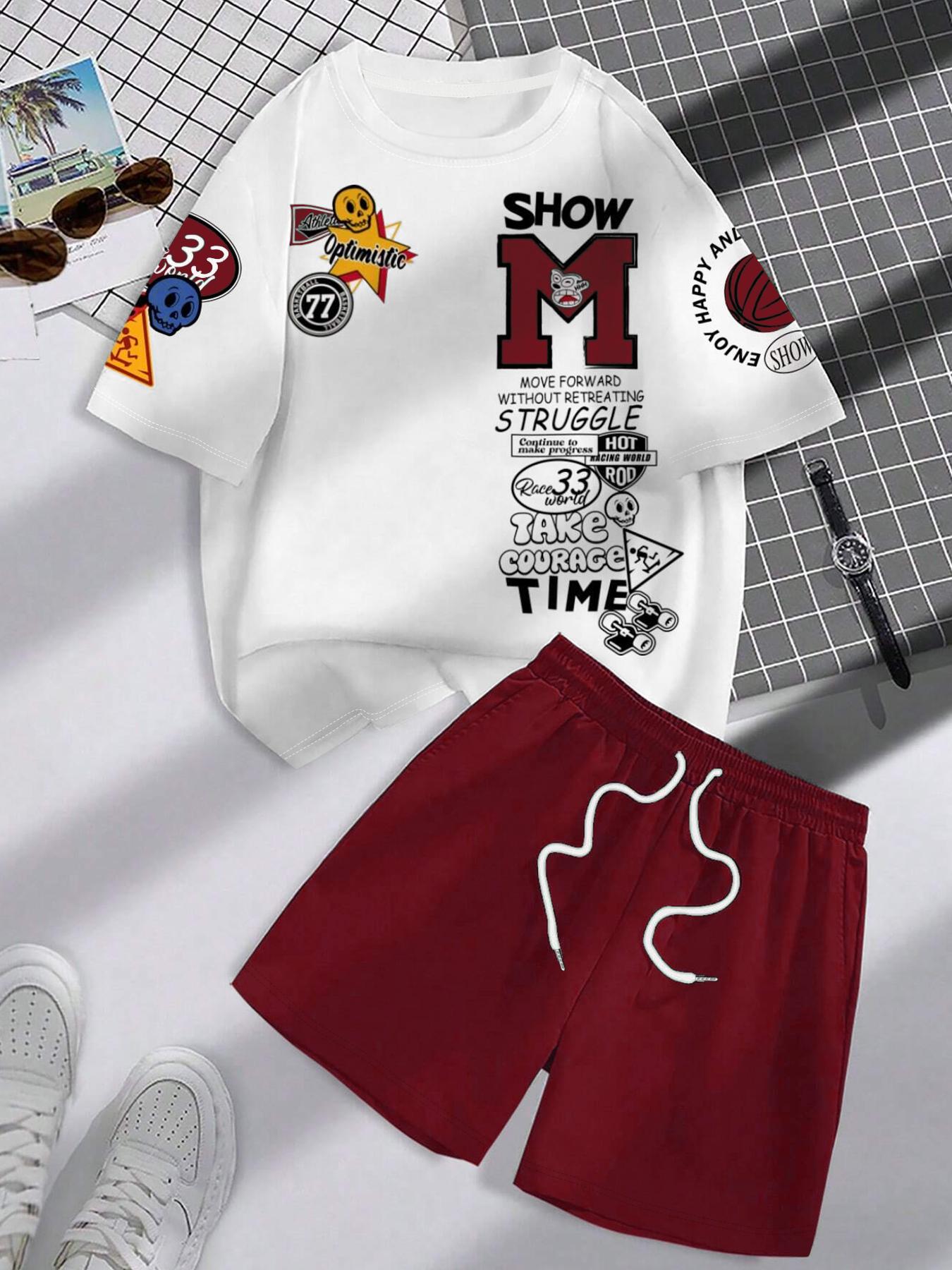 Men's Letter Print Short Sleeve Tee & Shorts Two-piece Set, Regular Fit Round Neck T-shirt & Track Shorts, Casual Fashion Cozy Breathable Men Two-piece Outfits for All Seasons