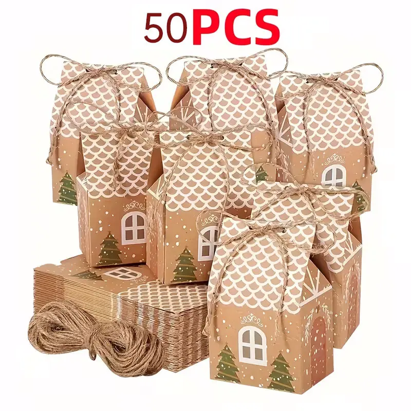 50 Mini Kraft Gift Boxes with Hemp Rope Closure, Christmas Tree Shape, Ideal for Wedding Favors, Party Decor, Holiday Candy Cookies Storage