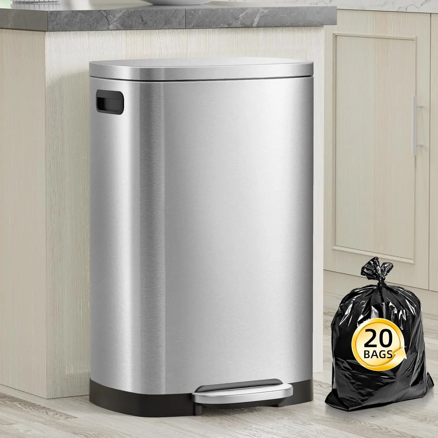 Gallon Trash Can with Lid, 50L Fingerprint Proof Stainless Steel Kitchen Trash Can with Removable Inner Bucket and Lid Soft Close, Pedal Rubbish Bin for Home Office