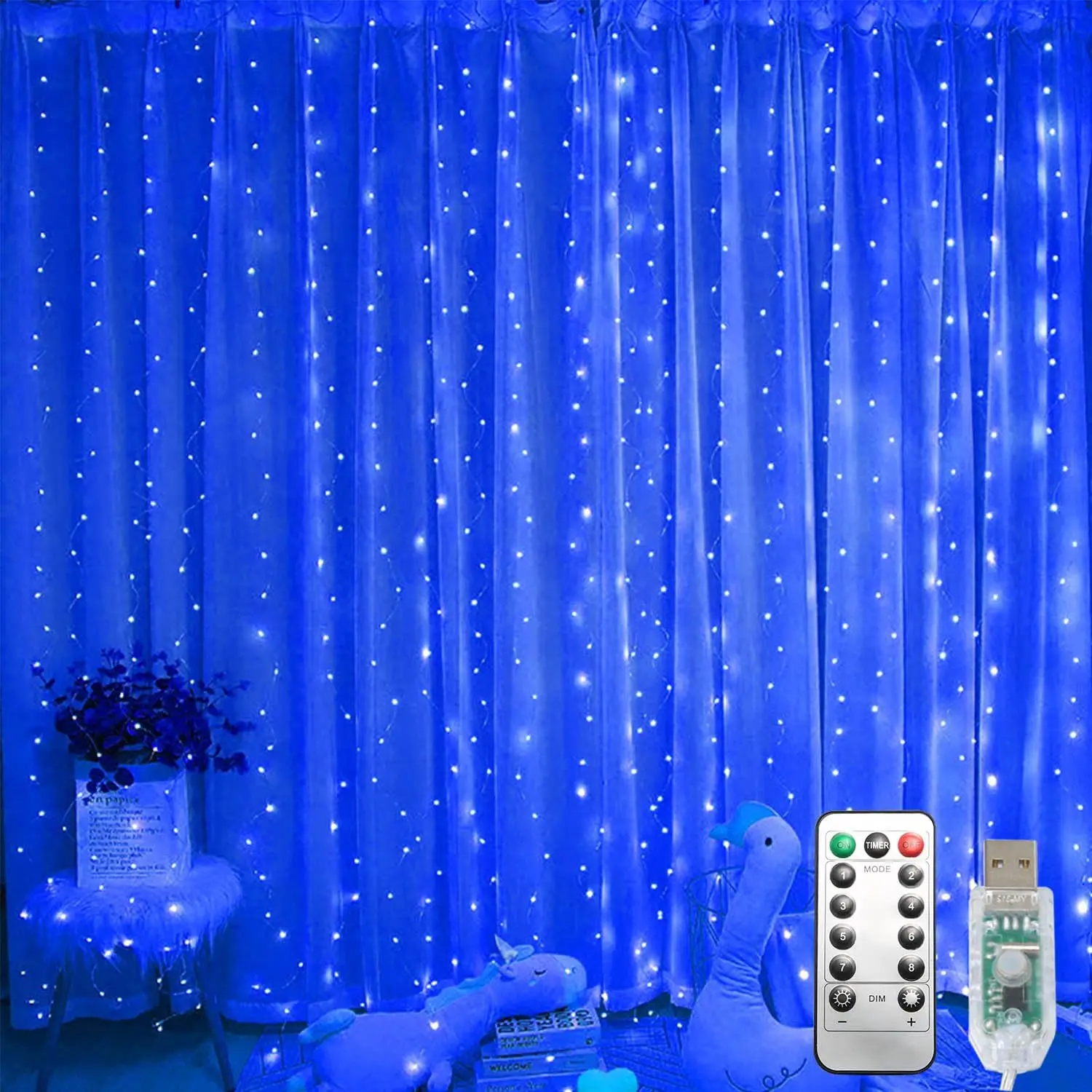 300 LED Fairy Lights, Twinkle Lights with 8 Light Modes, 9.8x9.8Ft Curtain String Lights Remote Control for Christmas, Bedroom, Indoor, Outdoor, Weddings, Party, Birthday Decor (Blue)