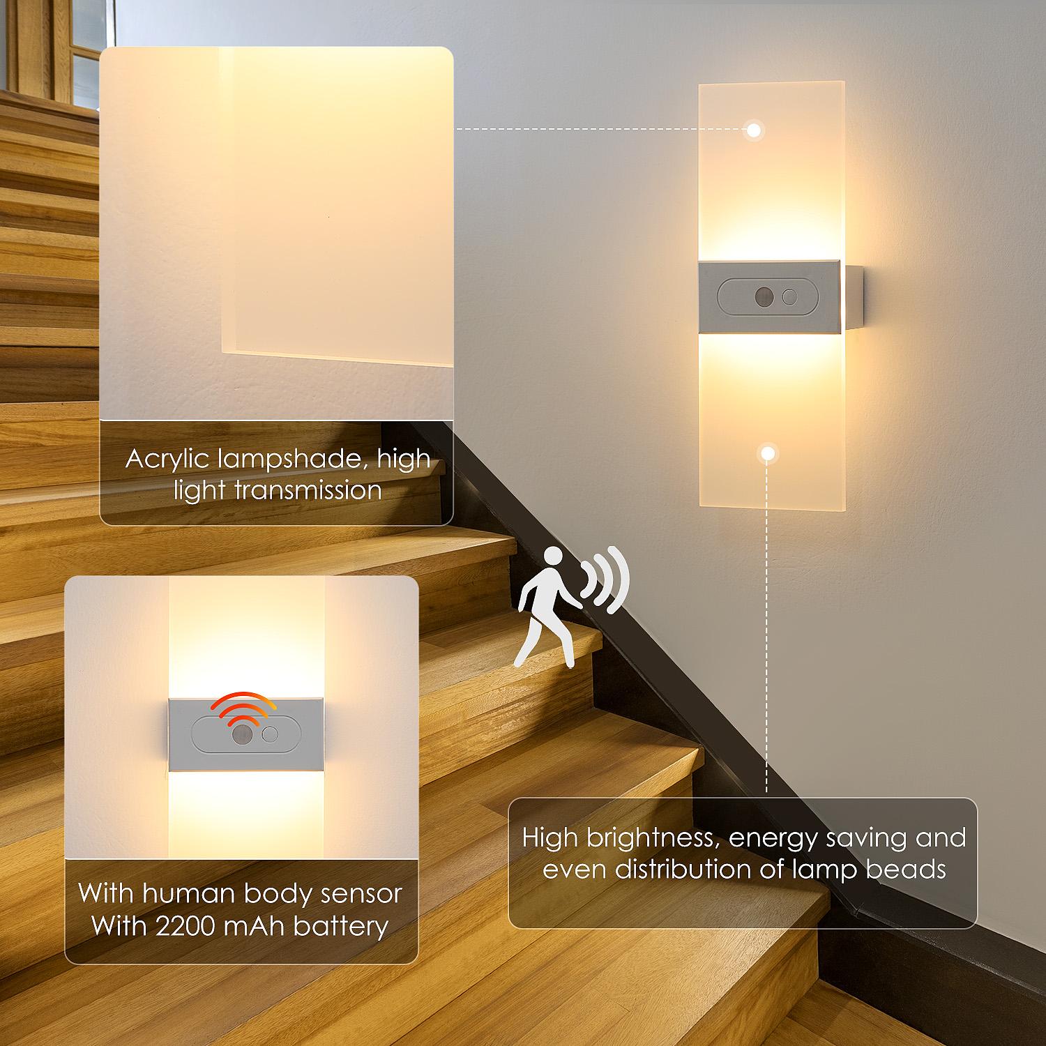 Motion Sensor Wall Sconces, Bedside Night Light Dimmable 2200mAh Battery Operated Wall Lights For Bedroom, - Battery-Powered, USB-Rechargeable Wireless Indoor Night Light for Hallway, Stairs & Living Room