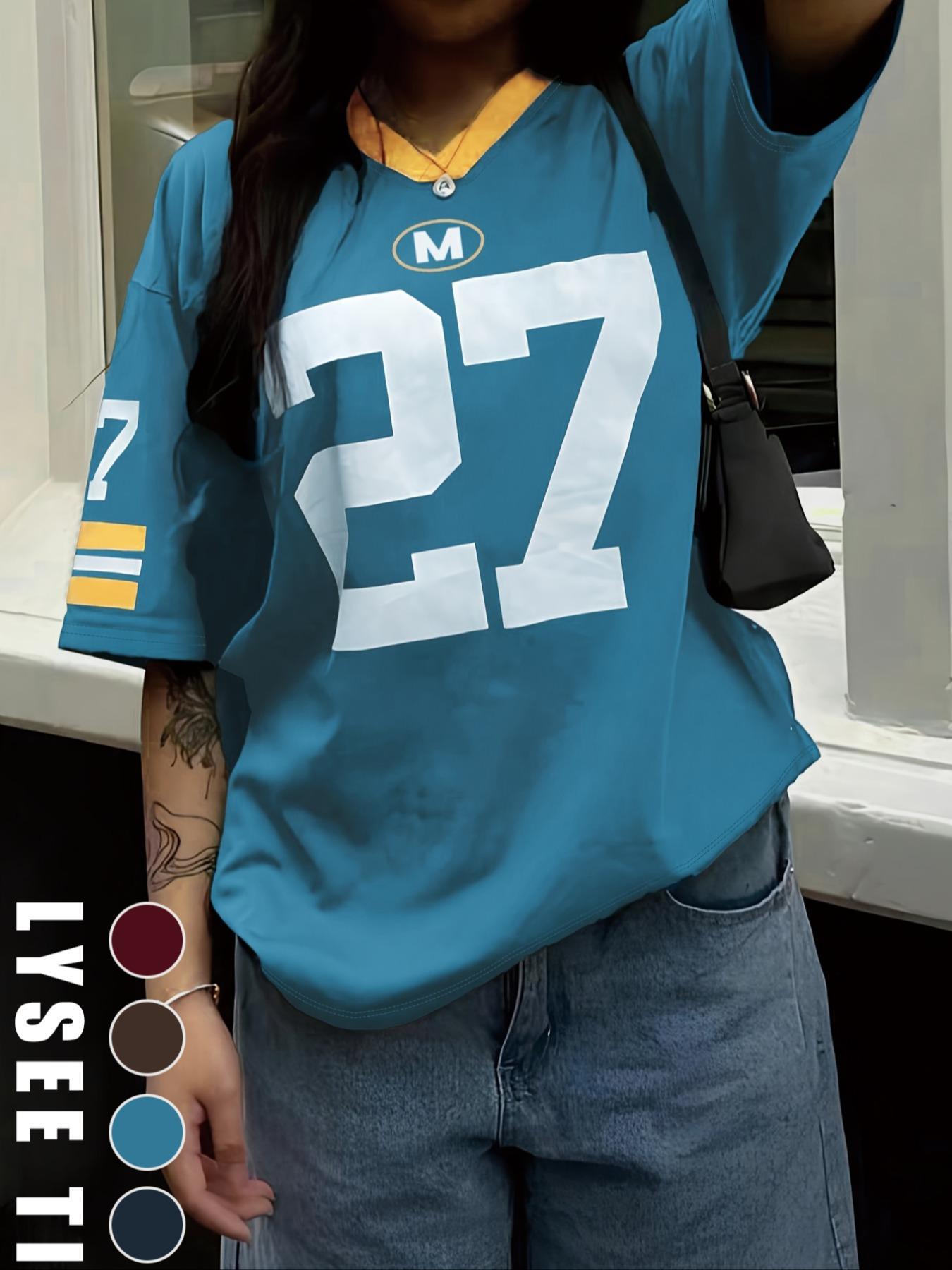 Women's Number Print V Neck Tee, Casual Fitted Short Sleeve T-shirt for Summer, Women's Top for Daily Wear