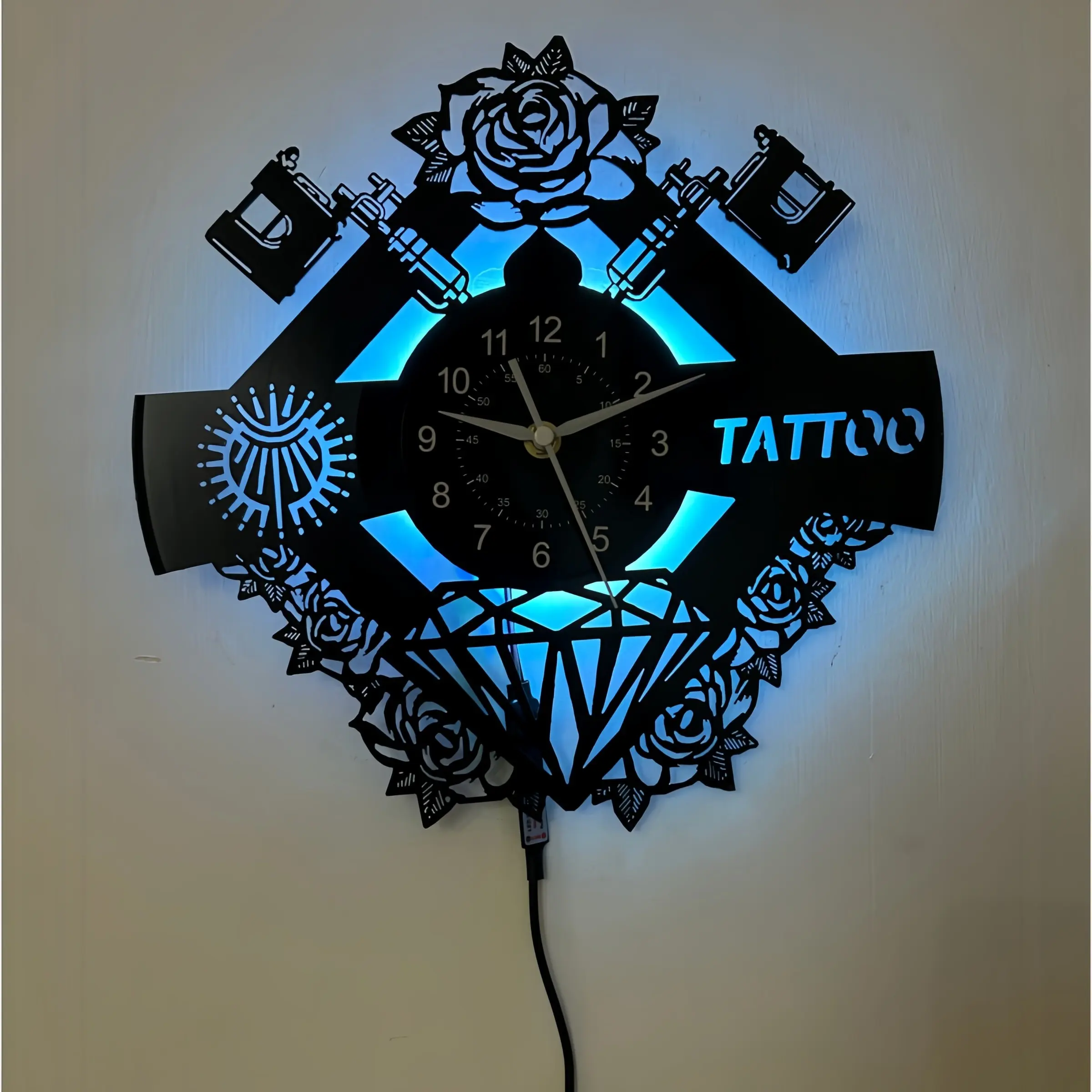 Rose Flower and Tattoo Equipment LED Wall Clock, Lighted Wall Clock, Ideal for Tattoo Shops, Art Studios, Bedrooms, Living Rooms, Barber Shops, Unique Gifts