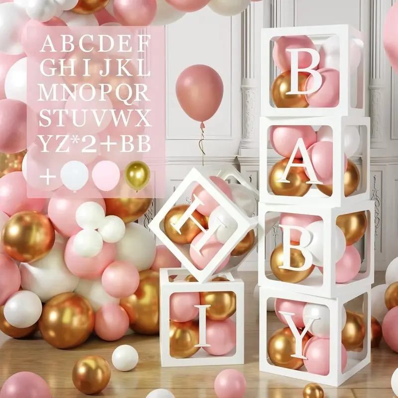 6pcs Transparent Balloon Letter Boxes for Girl Baby Shower & Birthday Party Decor, Home Festive Supplies with 2 A-Z+B Letter Sets & 45 Pink Gold Balloons
