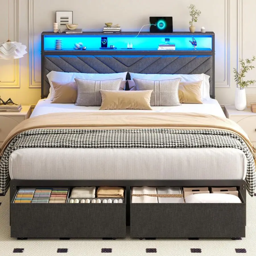 Upholstered Platform Bed Frame with LED Headboard & Built‑in Charging Station, 2 Under‑Bed Storage Drawers, 12‑Inch Under‑Bed Clearance, No Box Spring Needed, Twin/Full/Queen Size, Faux Leather / Fabric Option