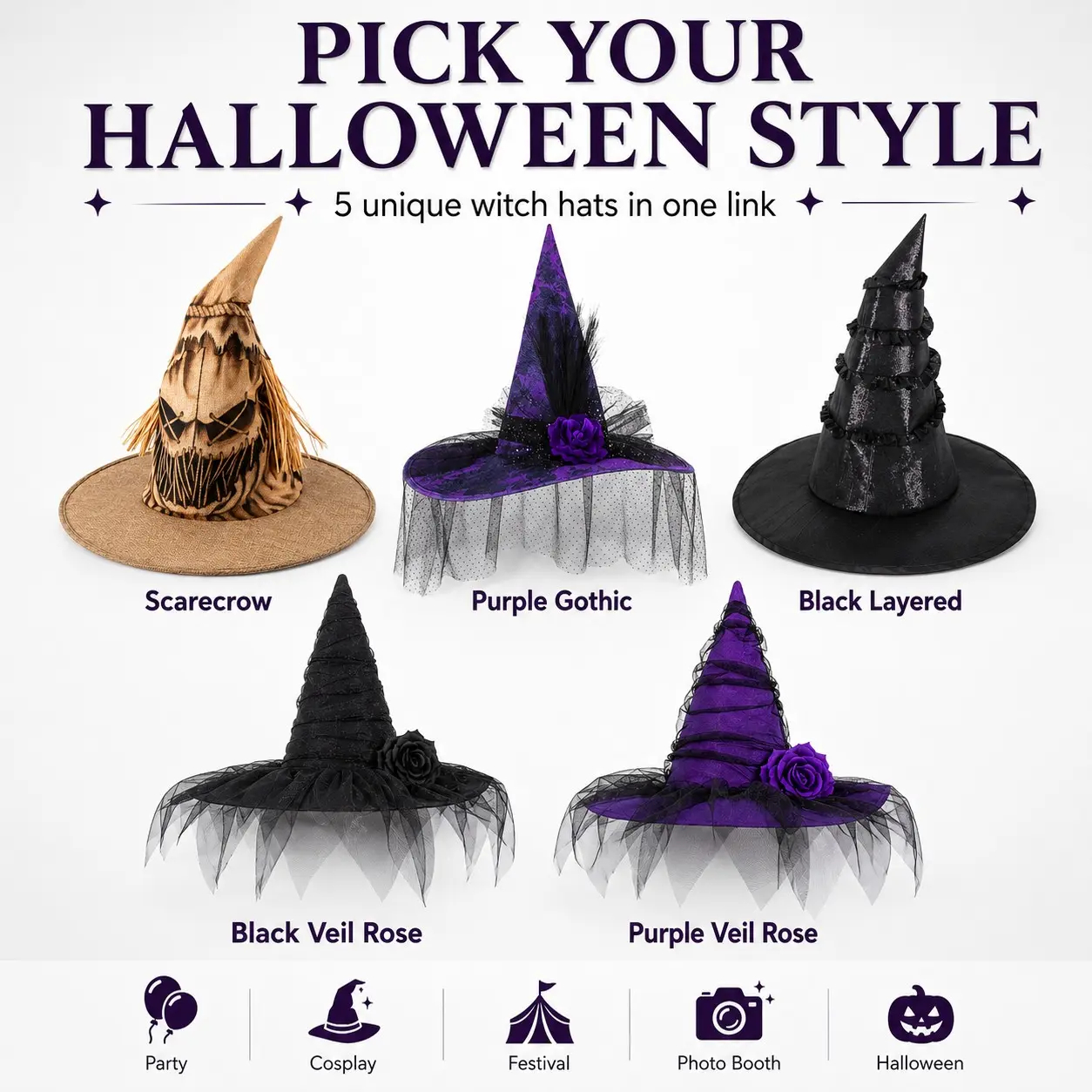 Halloween Witch Hat for Adults, 5 Styles Gothic Scarecrow, Witch Costume Hat with Veil Rose, Party Cosplay Photo Props