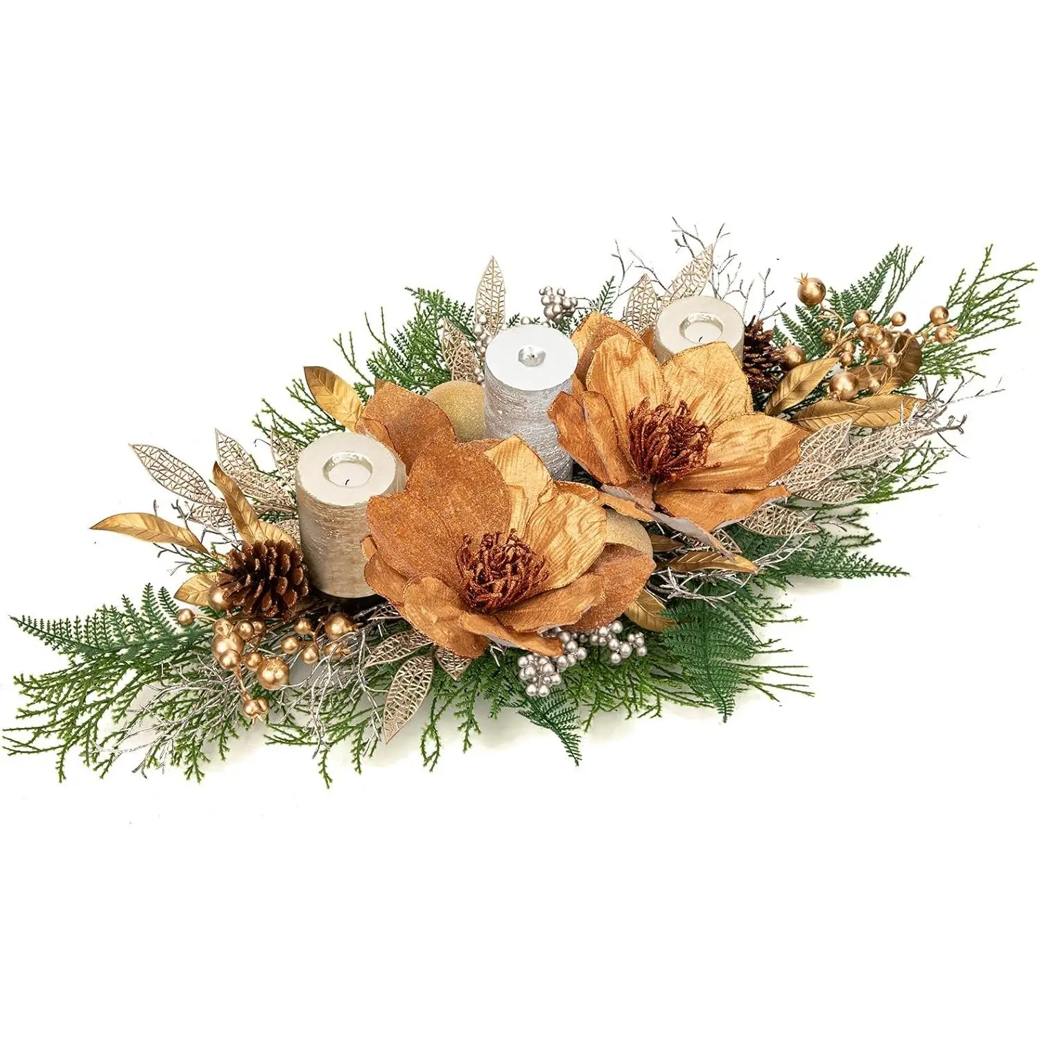35" Champagne Christmas Centerpiece with Candle Holders, Magnolias  Christmas Balls Berries Leaves Branches Pine Cones Pine  for Xmas Table Decor, Holiday Candelabrum for Mantel Decorations