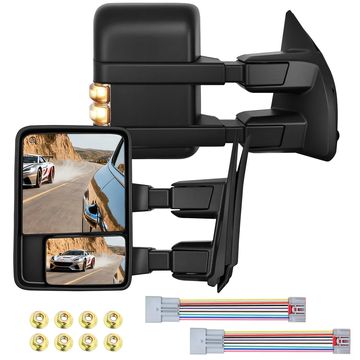 Nilight ABS Durable Side Mirror Set for 2008-2016 Ford F250-F550 Super Duty, with Turn Signal, Puddle Lights, Power Heated Adjustable Flat Convex Glass, Manual Telescopic Fold, Extra Wire, Towing Safety Enhancement