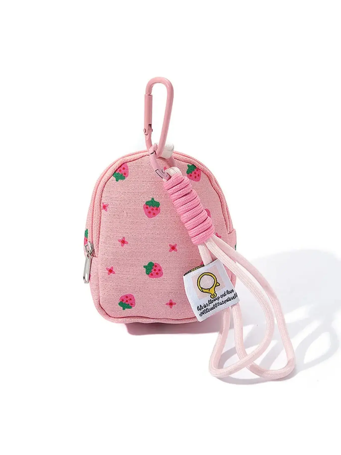 Kawaii Strawberry Print Mini Backpack Coin Purse, Dual Zipper Canvas Storage Bag Solve Earbud & Card Mess, Carabiner Bag Charm For Teen Girls Daily Handbag Decor