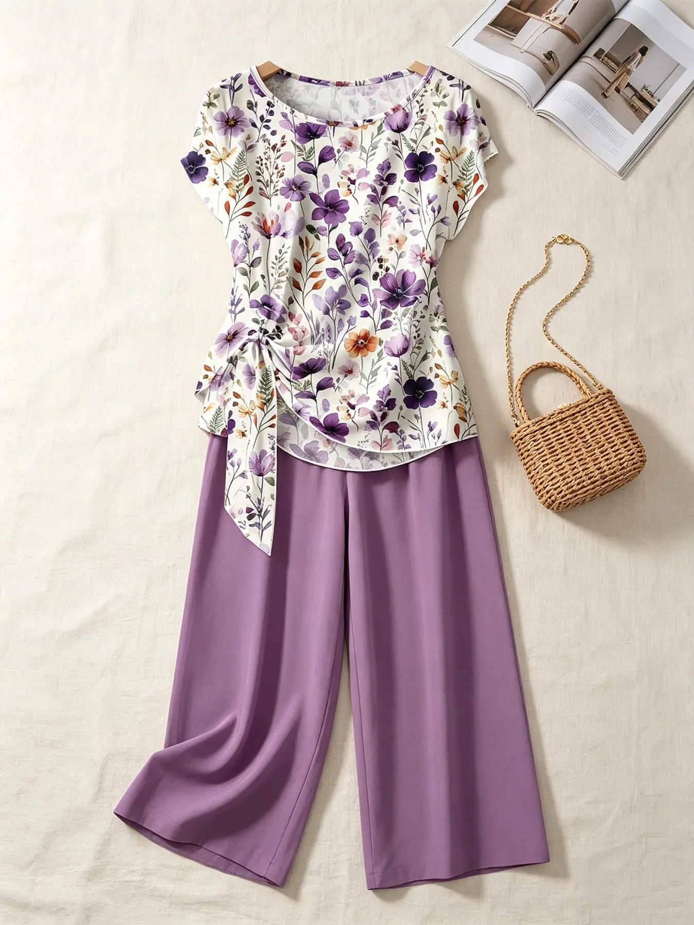 Two piece summer matching set gentle style white background purple floral print casual chic set women's round neck short sleeved side twisted waist top+solid color taro purple wide leg pants for short distance travel around the area