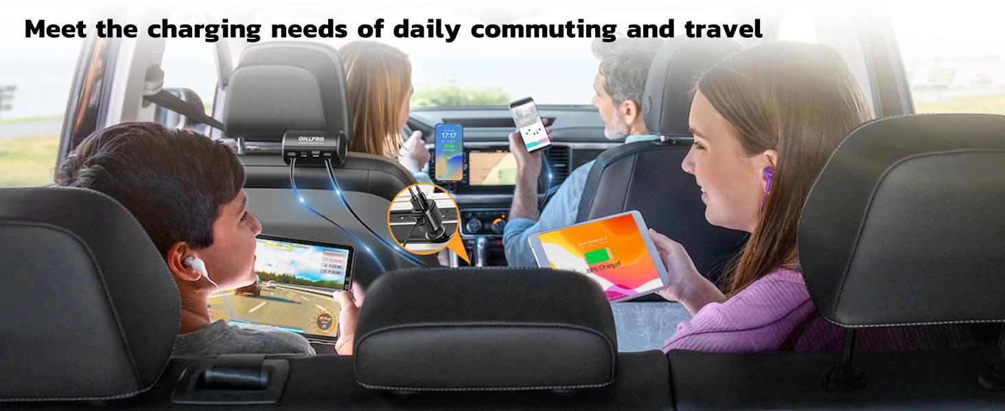 OHLPRO Car Back Seat Charger with Retractable Cables, Headrest Mount Phone Tablet Charger with USB-C PD30W & iOS PD20W Wires, 4-Port Adapter for Uber Taxi Rideshare, with Cigarette Lighter Plug