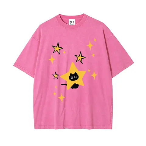 Unisex Minimalist Black Cartoon Kitten and Five-Pointed Star Graphict Washed T-Shirt Personalized Pattern Y2k Clothing Round Neck Washed T-Shirt,Women's Clothing 100% Cotton, Menswear, Top, Vintage Style,Summer Casual Oversized