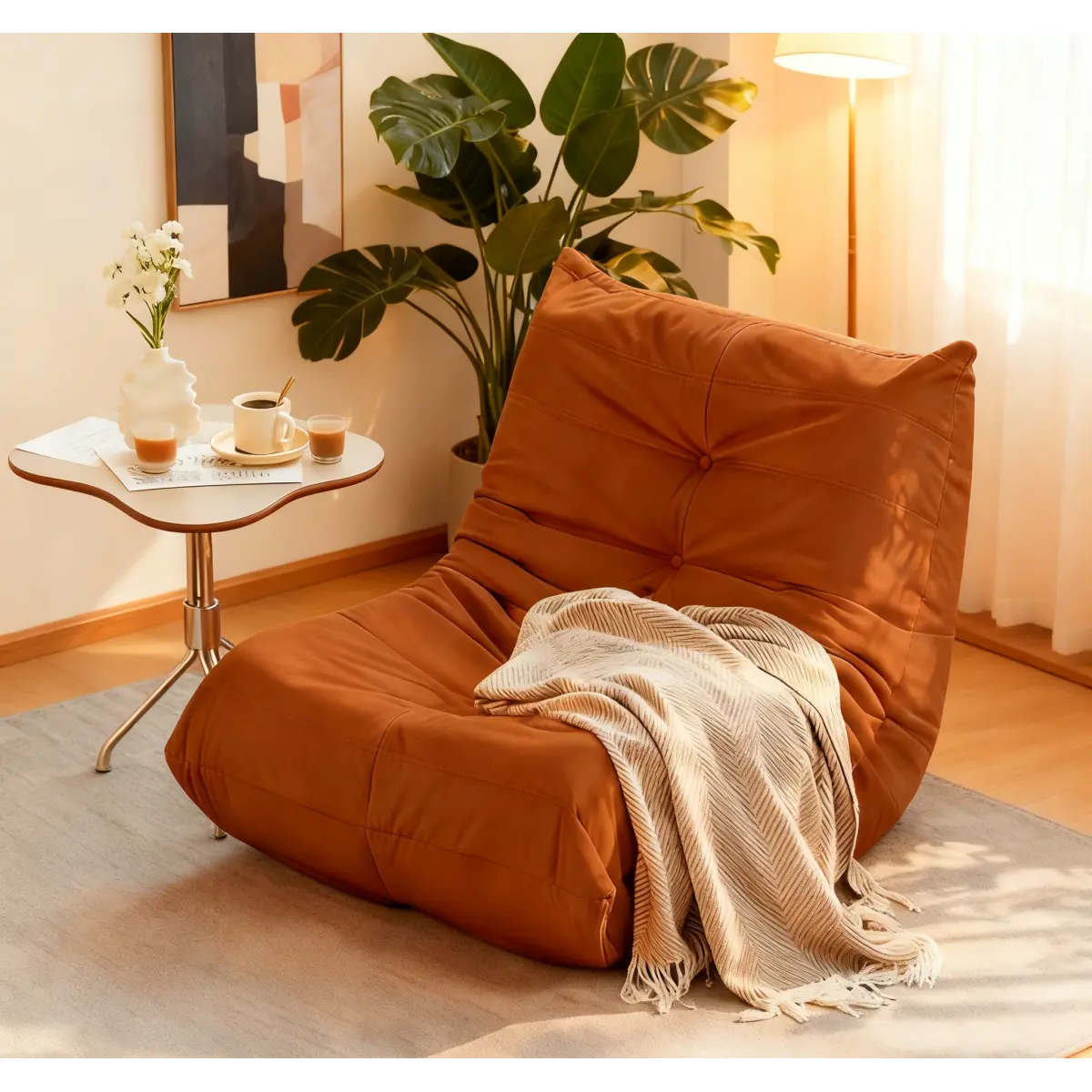 Luxury Button-Tufted Orange Microfiber Accent Chair, Comfy Indoor Furniture for Living Room, Ideal for Reclining Sofa Pairing & Indoor Loungers Use, Reclining Sofa Indoor Loungers