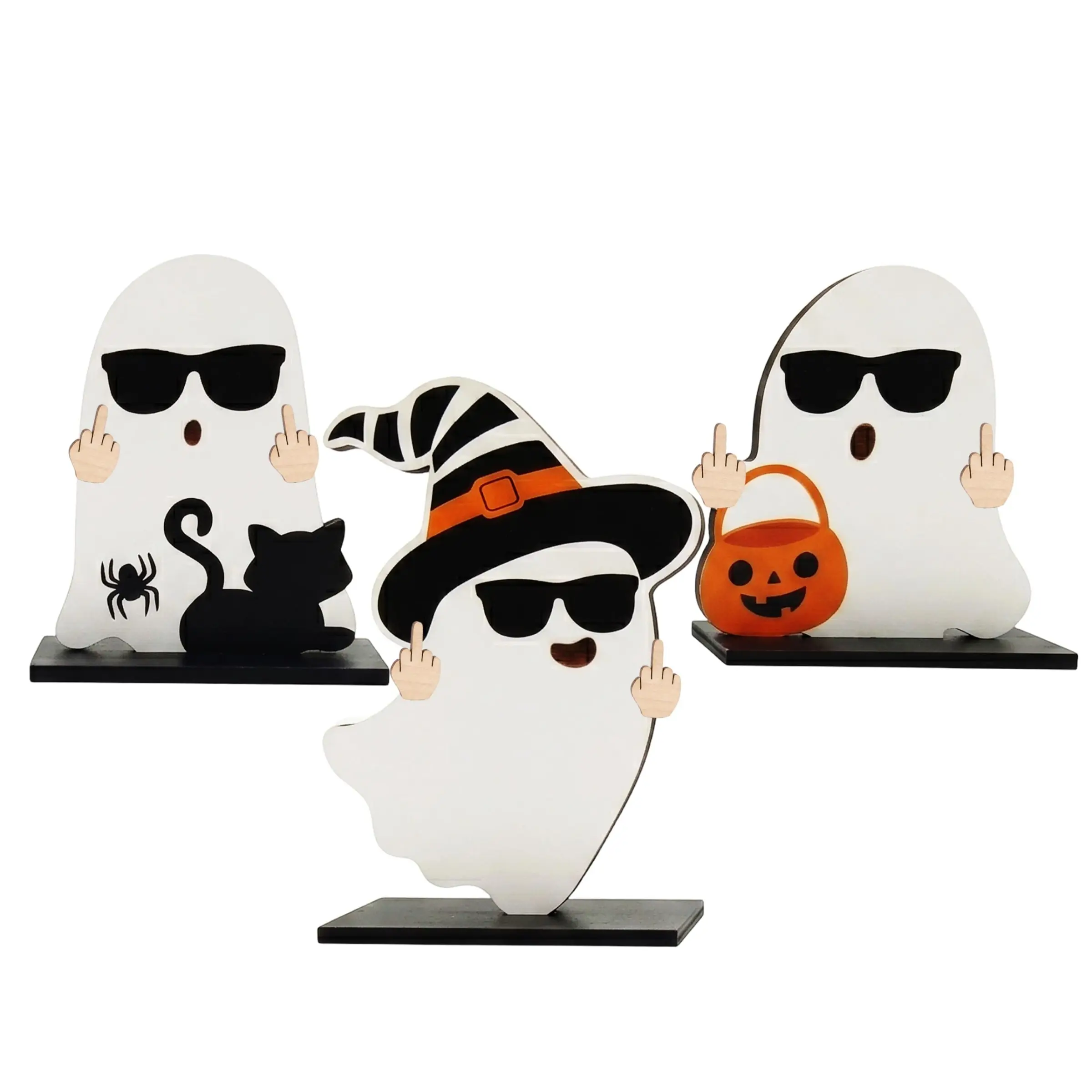 Funny Ghost Halloween Desk Ornament, Cool Ghost Wooden Statue with Sunglasses, Perfect for Halloween Party, Fireplace Shelf, Home Decor