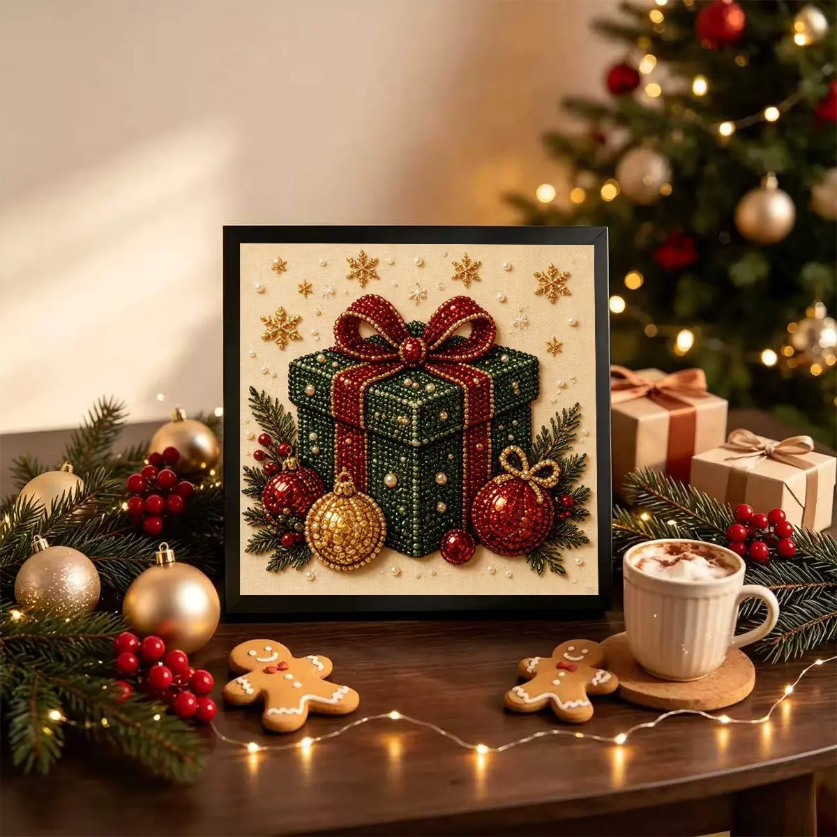 Christmas Pearl Art DIY Kit, Elegant Gift Box Decoration, 5D Diamond Painting Craft, Adult DIY Holiday Home Decor, Beginner Friendly, Creative Party Gift, Stress Relief Ornament, No Frame Included