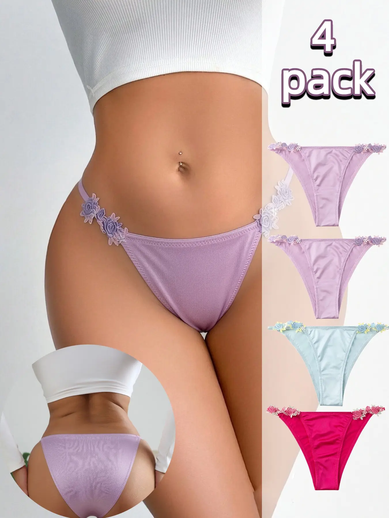 Elegant Satin Embroidered Floral Women's Low-Waist Triangle Pants Panties, Fashion Thin Strap Seamless Comfortable Breathable Summer Daily Wear, 4 Pcs Set