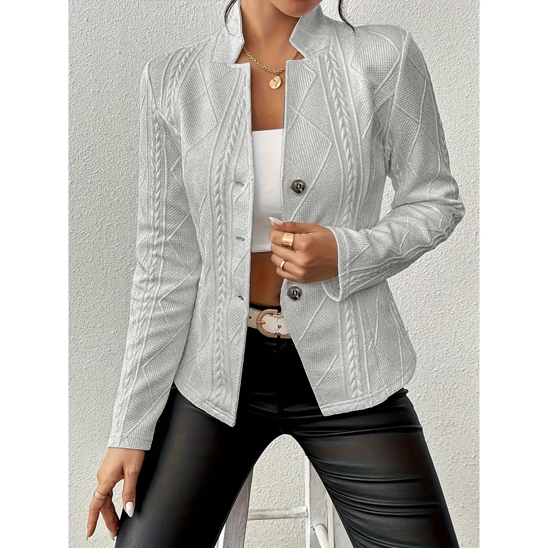 Elegant Style Textured Fabric Waist-Defining Button-Up Blazer