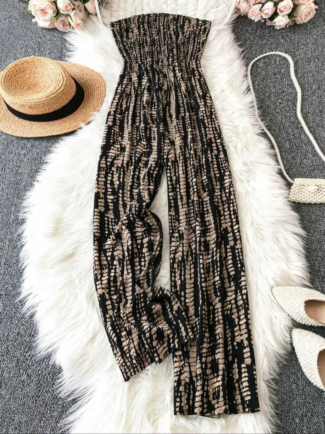 Women's All Over Print Shirred Tube Jumpsuit, Casual Strapless Jumpsuit for Summer, Ladies Clothes for Daily Wear