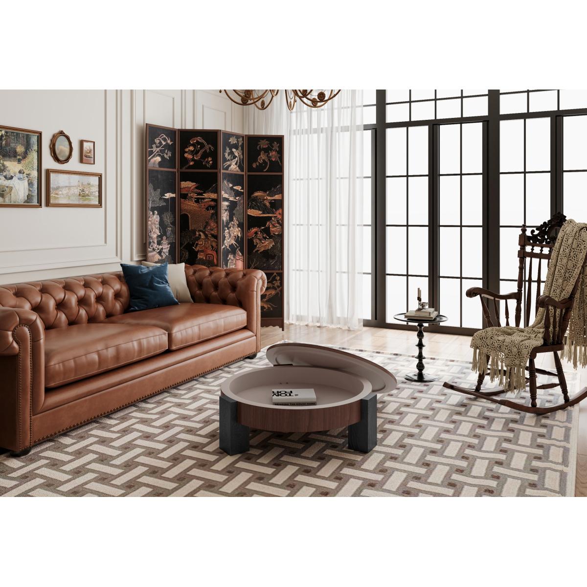 33'' Round Coffee Table with Hidden Storage, Modern Wabi-Sabi Wood Parquet Veneer Top Table, 3 Block Legs Sturdy Center Accent Table for Living Room, Small Space