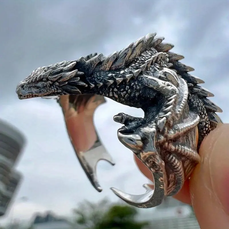 Unisex Silver-Plated Copper Base Dragon Inspired Ring, Adjustable Band Animal Motif Charm Open Ring, Retro Punk Gothic Fashion Jewellery, Locomotive Cocktail-Inspired Design Vintage Rings Casual Trendy Jewelry Punk Style Ring Dark Aesthetic Rings