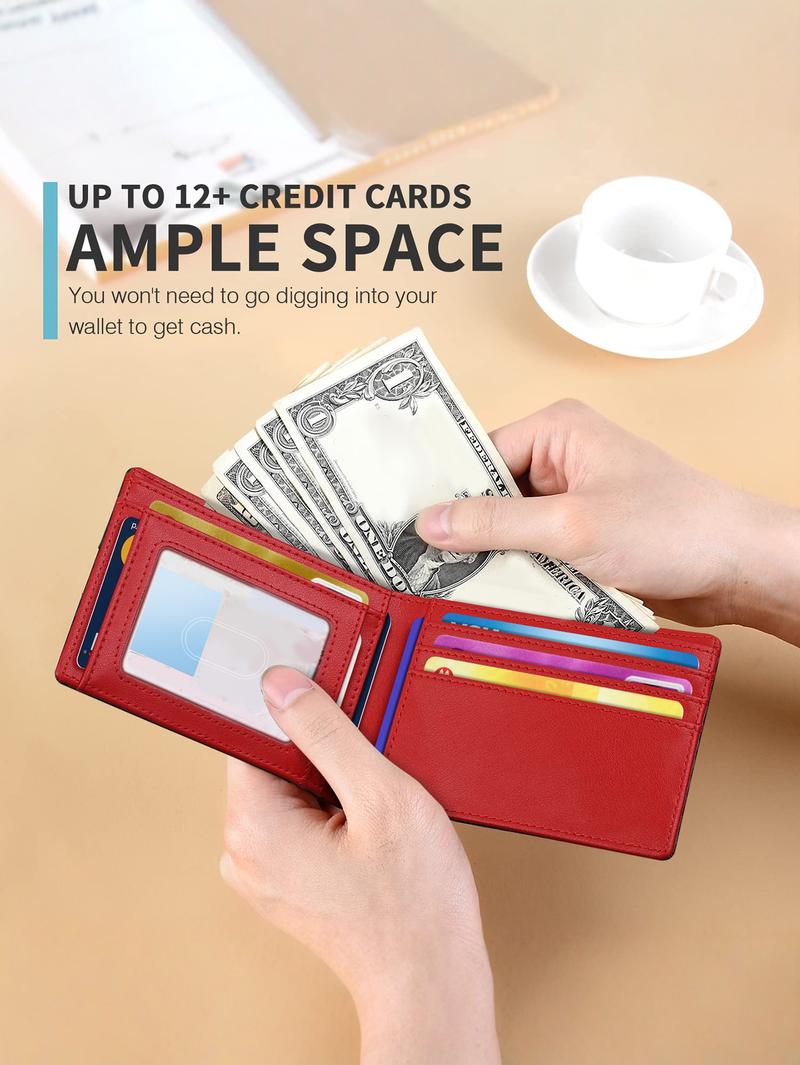 Men's Slim Fit RFID Blocking Microfiber Leather Wallet, Large Capacity Design, 9 Credit Card Slots, Business Style, All Seasons Use