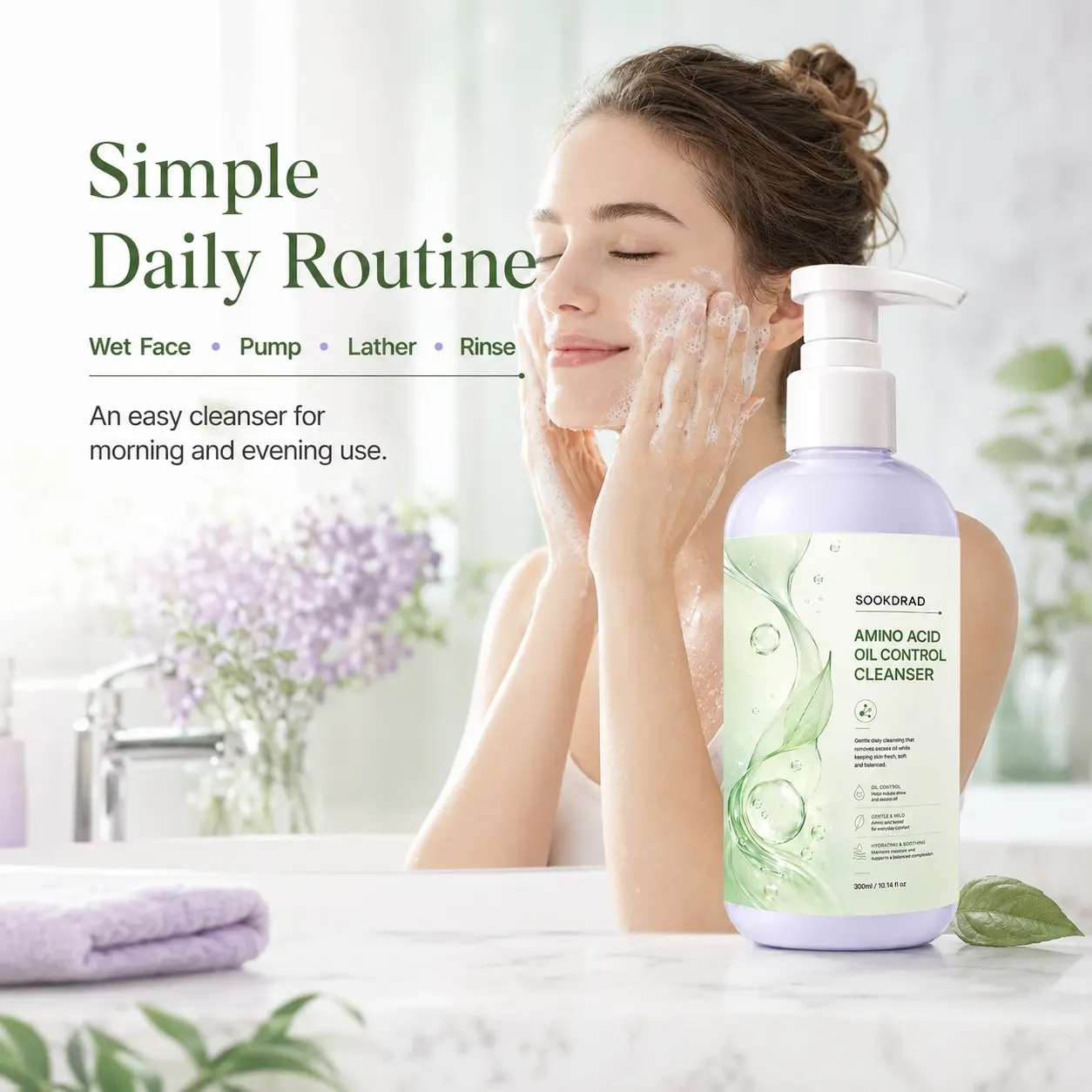 Amino Acid Oil Control Cleanser, contains amino acid, oil control, gentle formula, hydrating, soothing, facial cleanser, all skin types, daily cleansing, 300ml/10.14fl oz