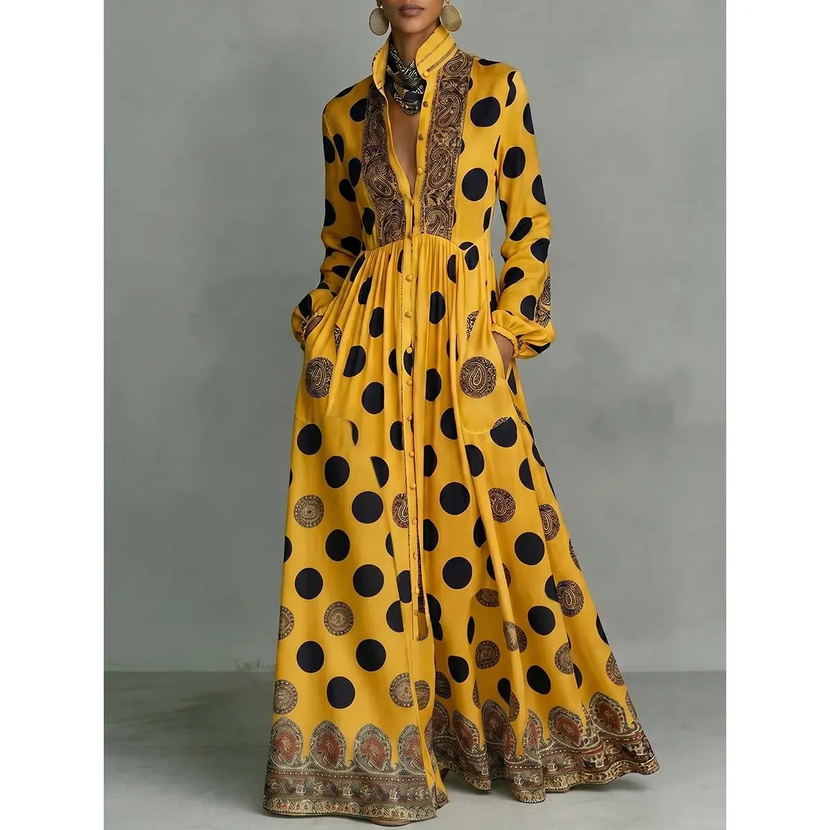 Boho Polka Dot Shirt Dress Women Stand Collar Long Sleeve Pleated Waist Side Pocket Flowy Floor Length Holiday Resort Outfit Casual Dress (Ladies with C - Cup and Above Need To Order One Size Up) Trendy Bohemian Beach Travel Loose Fit Elegant Long Dress
