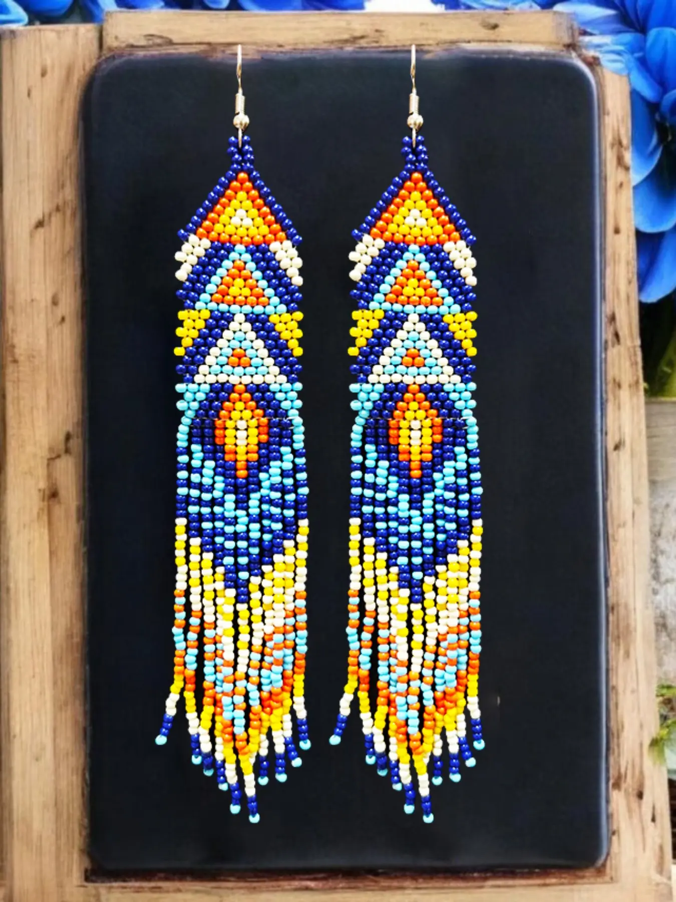 Native American Beaded Earrings, Geometric Fringe, Boho Chic Jewelry, Long Dangling, Handmade, Perfect Gift, Festive Accessories
