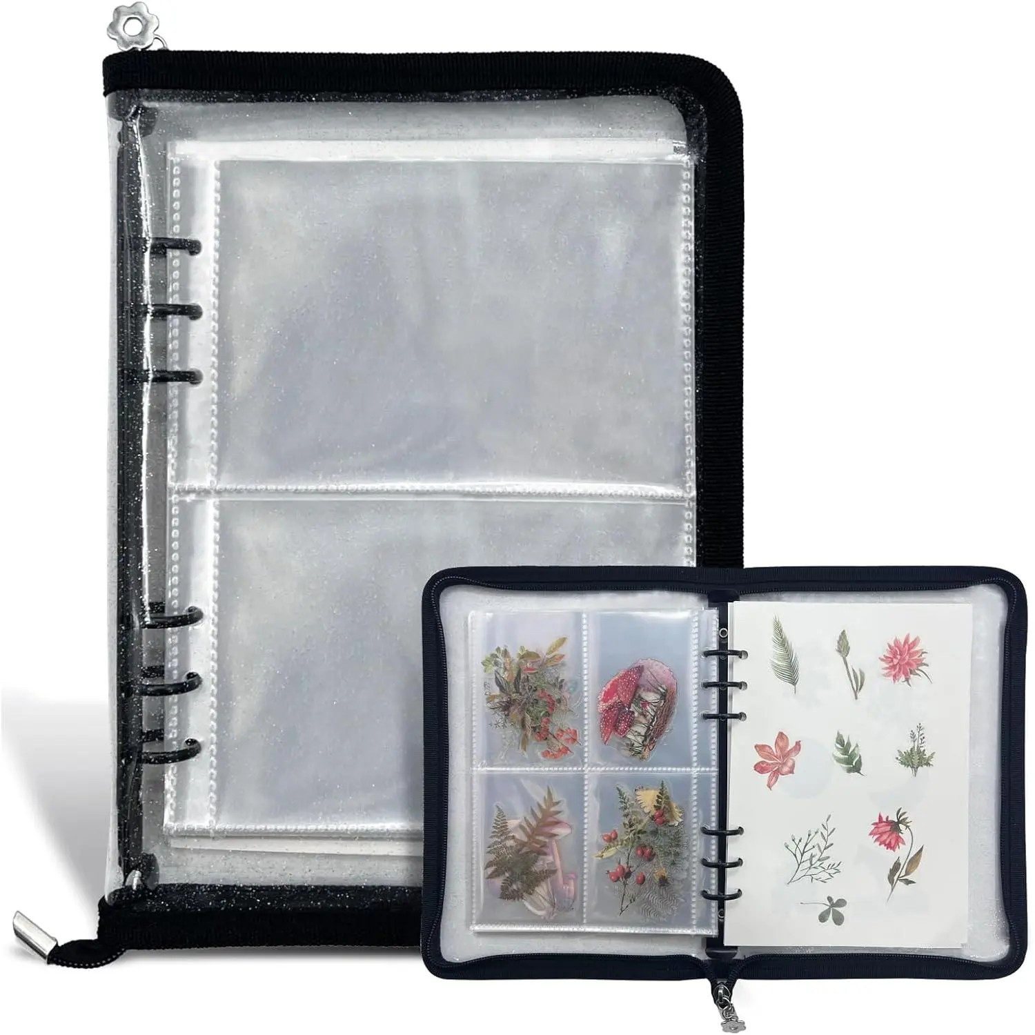 Sticker Storage Organizer Binder A5 Sticker Collecting Book Zipper Album for Adult with Blank  Release Paper and Pocket Pages (Black)