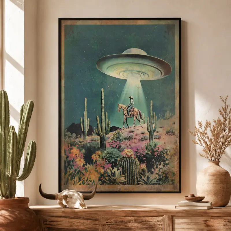 UFO Cowboy Western Americana Unframed Poster - Artistic Retro Sci-Fi Astral Artwork, Waterproof Multi-Size PVC Tube Print, Boho Room Decoration with Flying Saucer, Alien, Horse, Desert Flowers, Minimalist Home Accessory, Box-Shipped, Gift Option