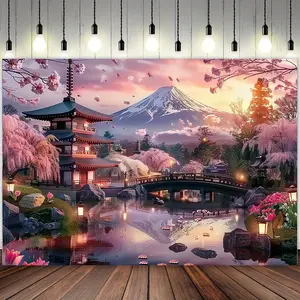 Japanese Cherry Blossom Backdrop Sakura Mountain Theme Tapestry Wall Hanging Photography Background for Wedding Celebration Tea Party Home Decor Photo Booth Supplies