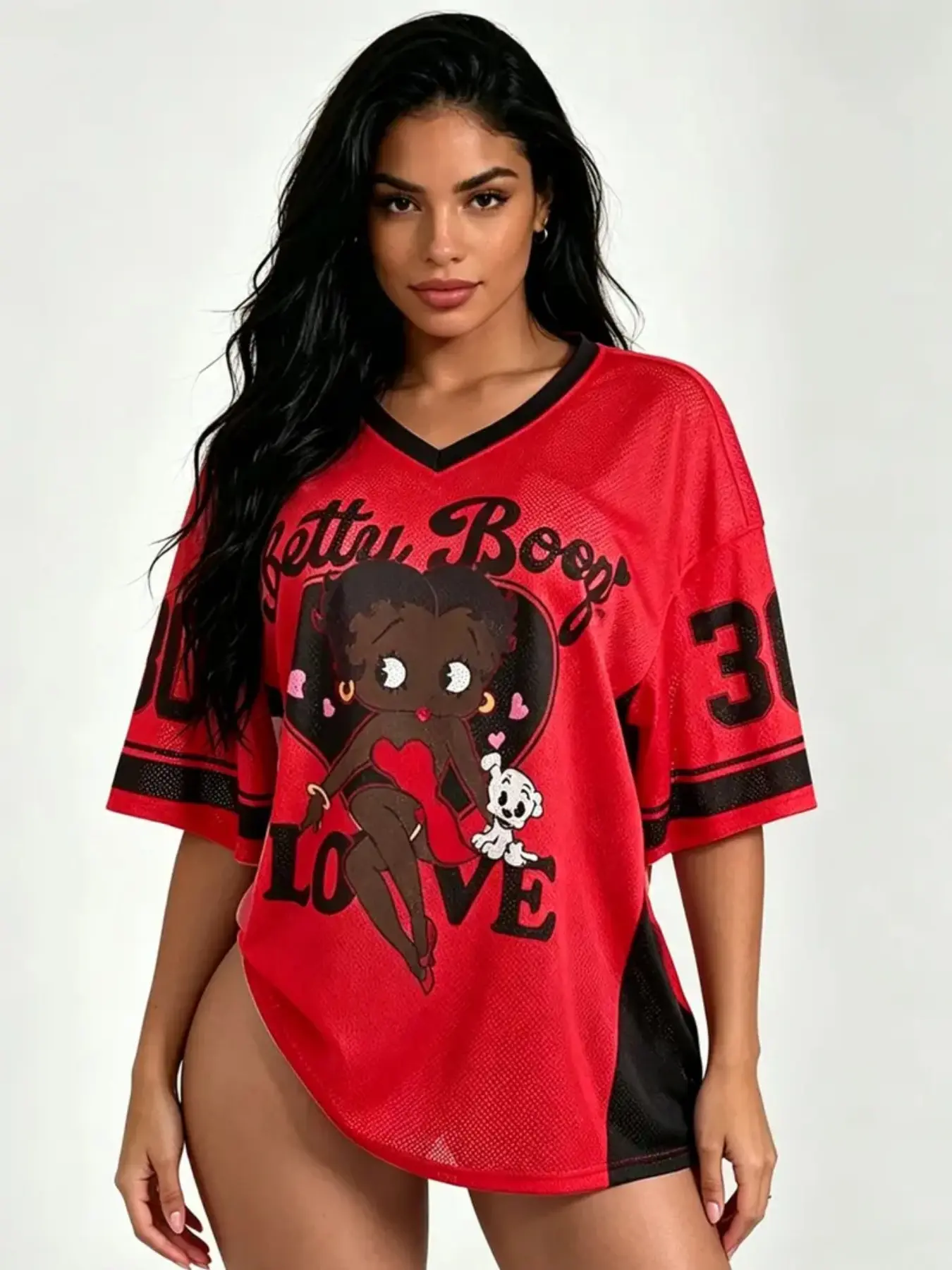 Vintage Cartoon Girl Print V Neck Breathable Mesh Baseball Jersey For Jersey Lovers Casual Sports Tops Y2K Short Sleeve Top Half Sleeve Loose Athletic T‑Shirt Street Daily Casual Outfits Multiple Colors Available