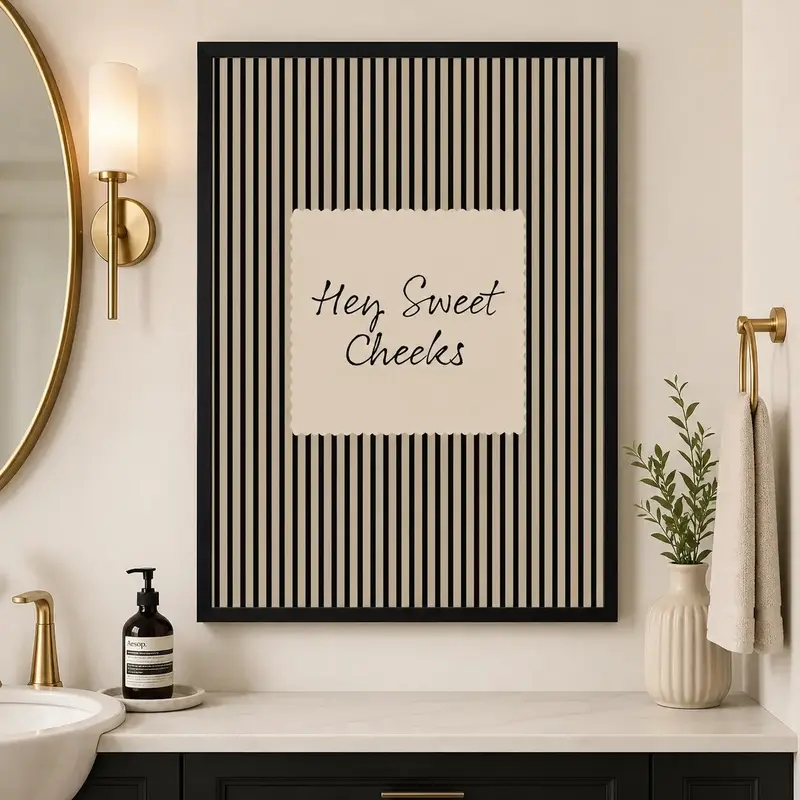 Funny Bathroom Wall Art, Hey Sweet Cheeks Canvas Print, Black Stripe Toilet Decor, Modern Farmhouse Bathroom Sign