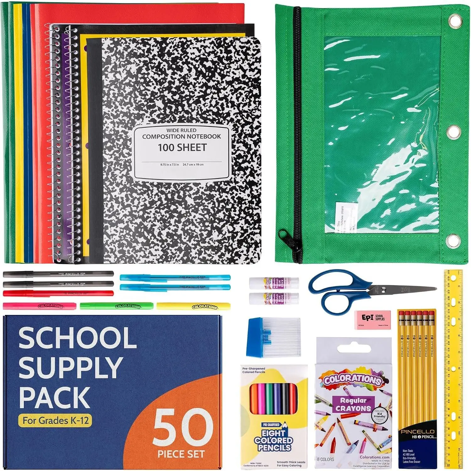 Essentials  to School Supplies for  – 50 Items in Kit –  to 12th Grade School  Packs – Wide-Ruled Bundle with Composition Notebooks – Suitable for Homeschooling