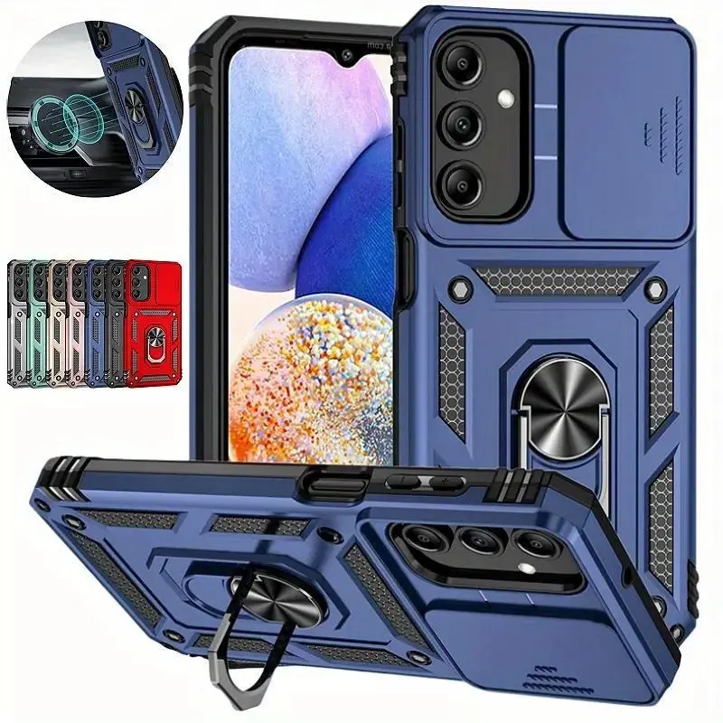 Armor Funda Slide Camera Lens Back Cover For Galaxy A17 A16 A15 A54 A55 A56 A26 A36 A14 A34 A06 S21 S22 S23 S24 S25 S26 Magnetic Ring Stand Protect Cover Casing
