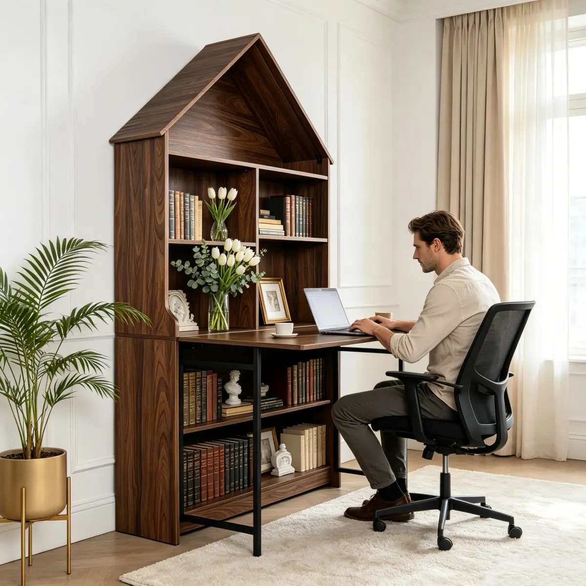 Vintage Arched Top MDF Wall-Mount Convertible Fold-Out Hideaway Desk - Storage Shelf, Cable Pass, Anti-Tip Kit, Easy Setup Office Furniture for Small Apartments, Students, DIY Lovers