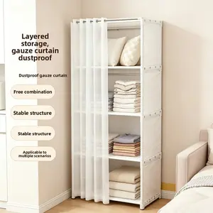 Narrow Storage Cabinet with Transparent Curtains, Open Shelves Organizer for Small Spaces, Dust-Proof Wardrobe for Bedroom and Corners